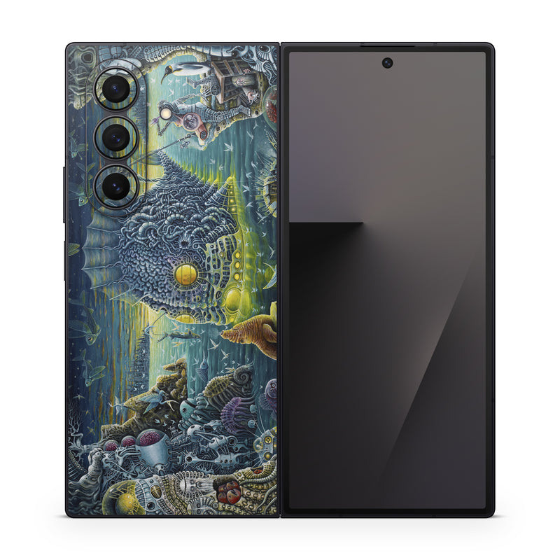 Samsung Galaxy Z Fold7 Skin design of Organism, Water, Illustration, Art, Painting, Cg artwork, Fiction, Fictional character, Marine biology, Mythology, with black, gray, blue, green colors