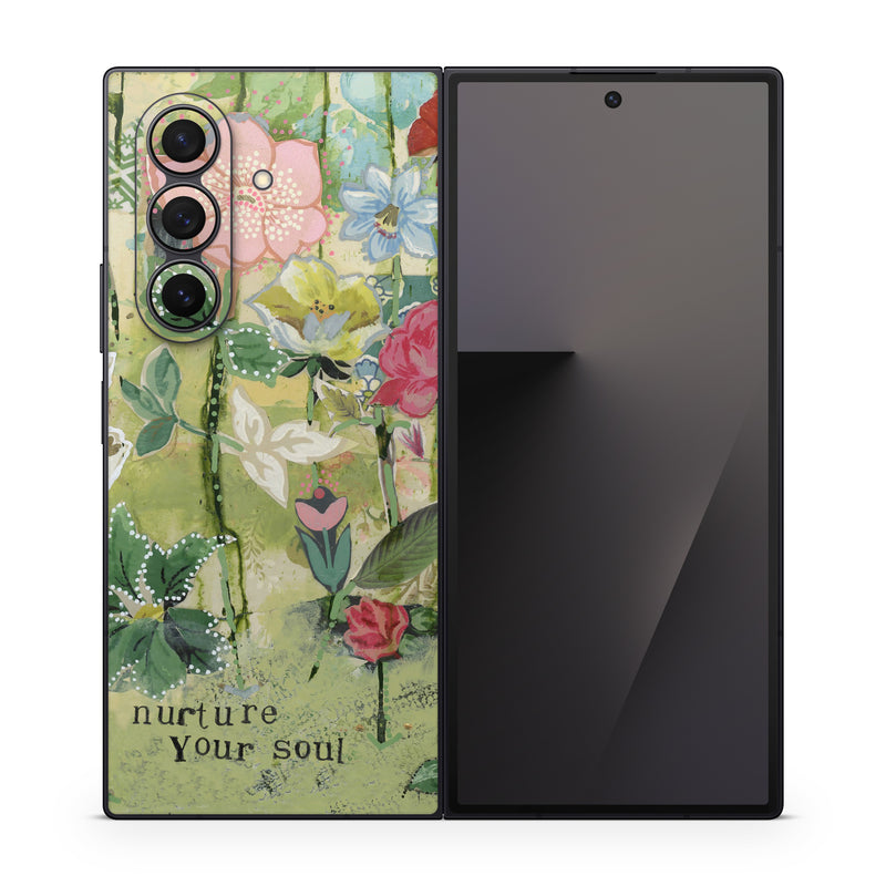 Samsung Galaxy Z Fold7 Skin design of Flower, Plant, Botany, Pink, Wildflower, Flowering plant, Watercolor paint, Petal, Floral design, Pattern, with green, pink, red, blue, white, black colors