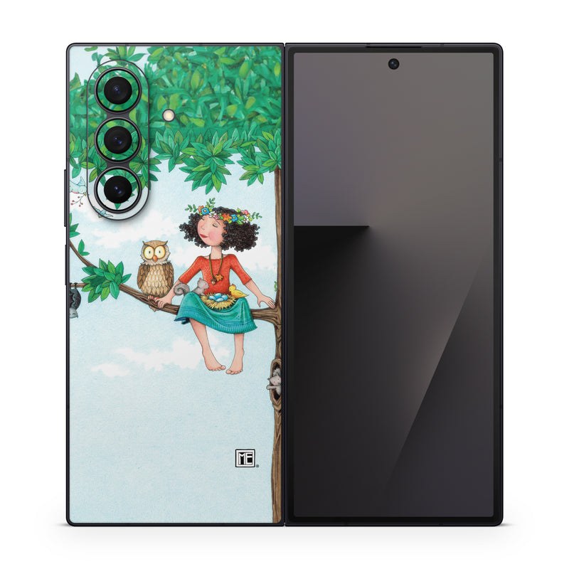 Samsung Galaxy Z Fold7 Skin design of Cartoon, Illustration, Branch, Bird, Owl, Tree, Art, Plant, Clip art, Fictional character, with blue, gray, red, black, white, green colors