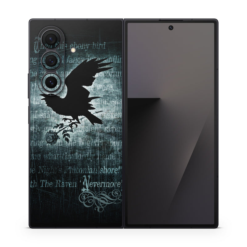 Samsung Galaxy Z Fold7 Skin design of Bird, Text, Wing, Graphic design, Darkness, Font, Illustration, Graphics, with black, white, blue colors