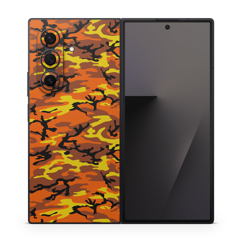 Samsung Galaxy Z Fold7 Skin design of Military camouflage, Orange, Pattern, Camouflage, Yellow, Brown, Uniform, Design, Tree, Wildlife, with red, green, black colors