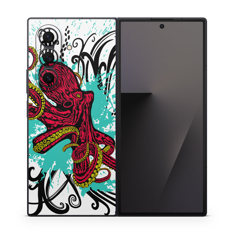 Samsung Galaxy Z Fold7 Skin design of Graphic design, Illustration, Visual arts, Octopus, Design, Art, Fictional character, Pattern, Clip art, Line art, with black, white, gray, red, blue, green colors