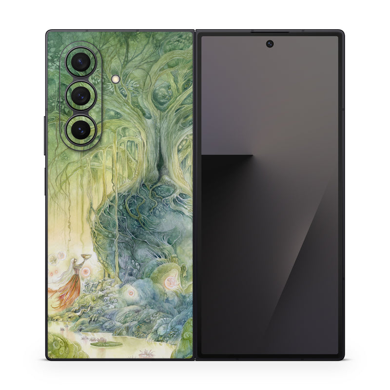 Samsung Galaxy Z Fold7 Skin design of Green, Watercolor paint, Painting, Water, Art, Illustration, Grass, Tree, Plant, Fictional character, with blue, green, red, yellow colors