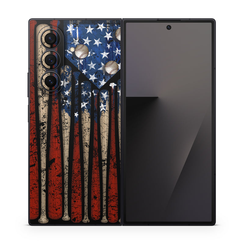 Samsung Galaxy Z Fold7 Skin design of Baseball bat, Baseball equipment, with black, red, gray, green, blue colors