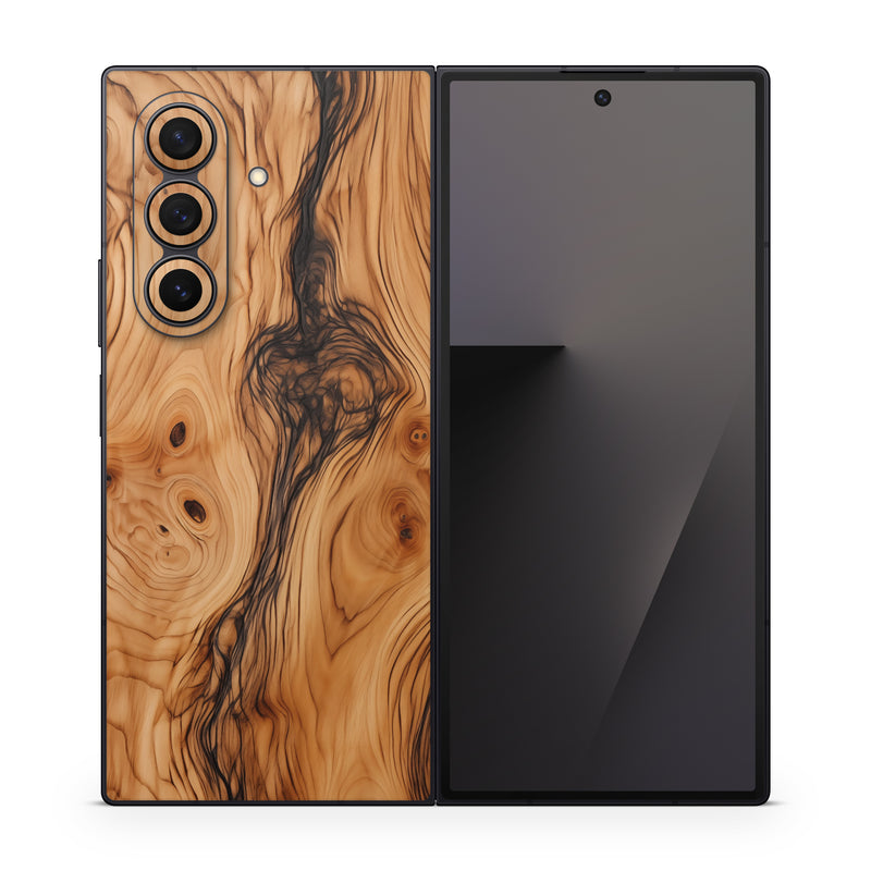 Samsung Galaxy Z Fold7 Skin design of Brown, Wood, Trunk, Wood stain, Floor, Liquid, Art, Woody plant, Landscape, Flooring, with black, brown, orange colors