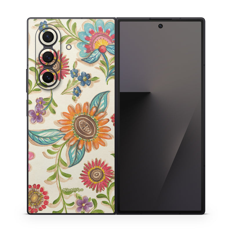 Samsung Galaxy Z Fold7 Skin design of Pattern, Floral design, Flower, Botany, Design, Visual arts, Textile, Plant, Wildflower, Pedicel, with gray, green, pink, yellow, red, blue colors
