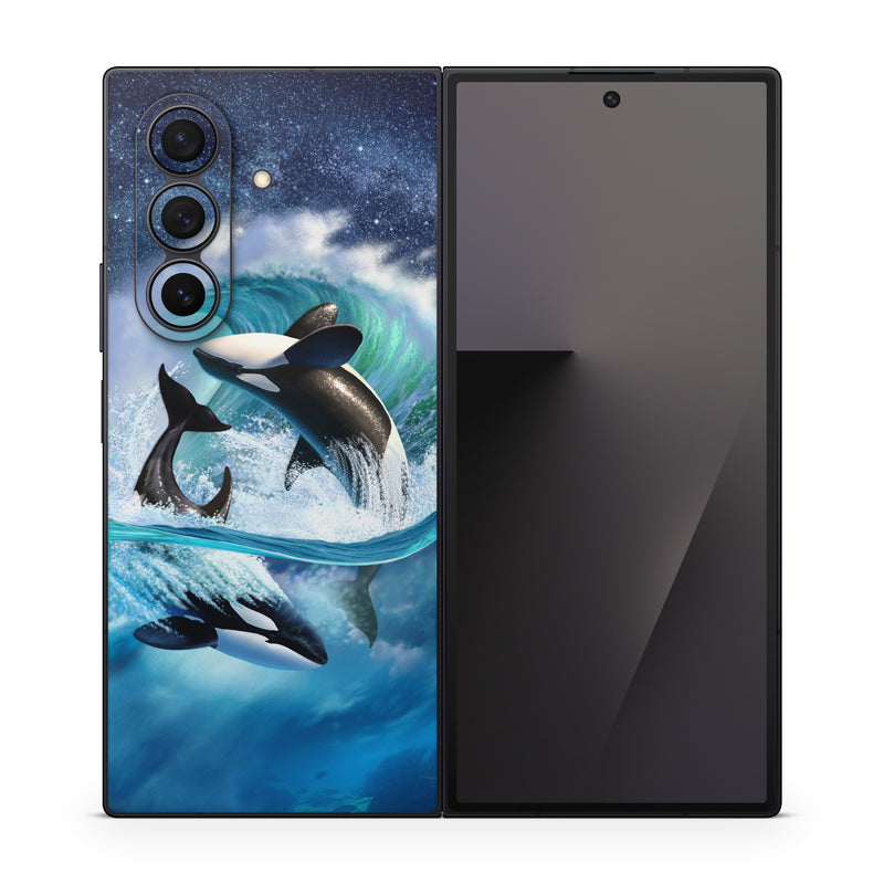 Samsung Galaxy Z Fold7 Skin design of Dolphin, Short-beaked common dolphin, Sky, Cetacea, Killer whale, Marine mammal, Water, Illustration, Bottlenose dolphin, Common bottlenose dolphin, with black, blue, white, green colors
