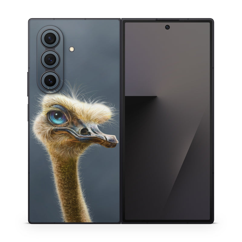 Samsung Galaxy Z Fold7 Skin design of Ostrich, Flightless bird, Ratite, Bird, Beak, Close-up, Emu, Wildlife, Organism, Terrestrial animal, with black, gray, blue, green, red colors