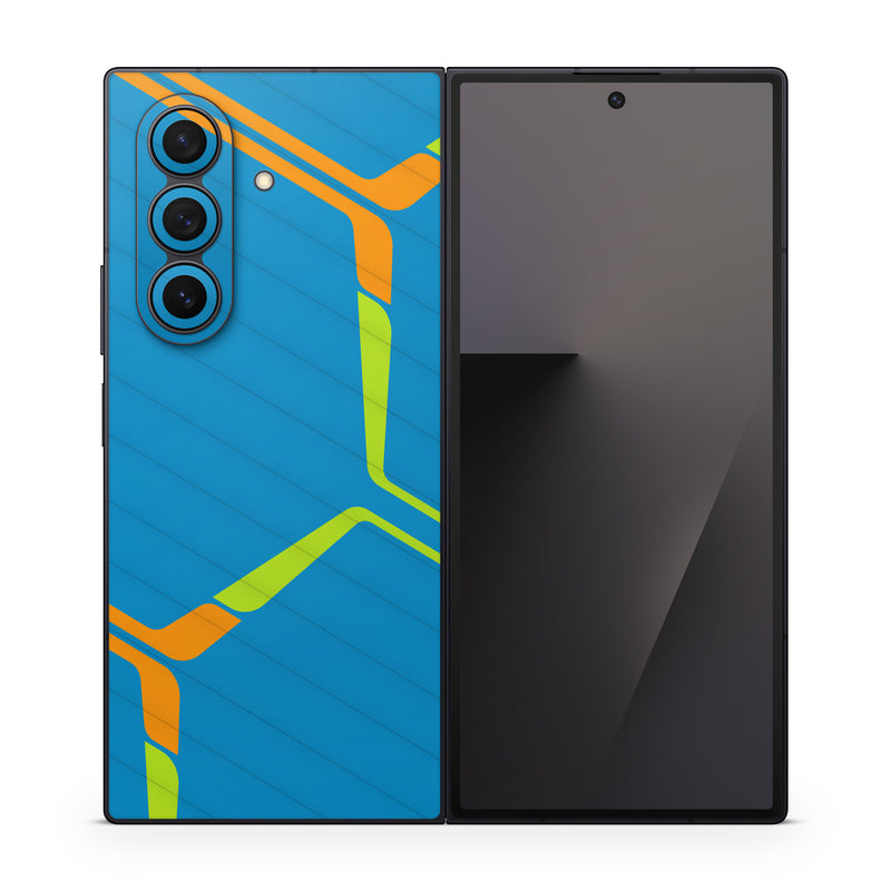 Samsung Galaxy Z Fold7 Skin design of Azure, Triangle, Rectangle, Parallel, Electric blue, Symmetry, Font, Pattern, Circle, Sky, with blue, orange, green colors