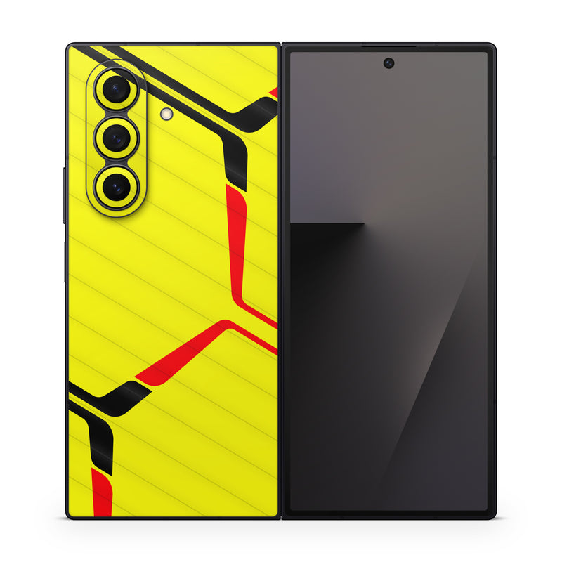 Samsung Galaxy Z Fold7 Skin design of Rectangle, Yellow, Parallel, Font, Tints and shades, Wood, Triangle, Pattern, Graphics, Symmetry, with yellow, black, red colors