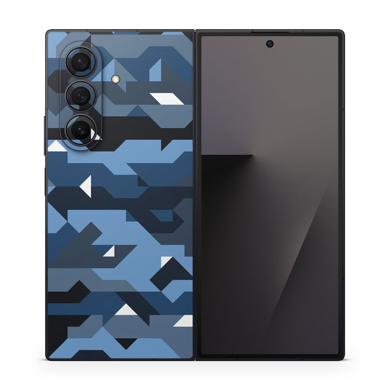 Samsung Galaxy Z Fold7 Skin design of Blue, Pattern, Design, Font, Line, Camouflage, Illustration, Triangle, with blue, black, white, gray colors