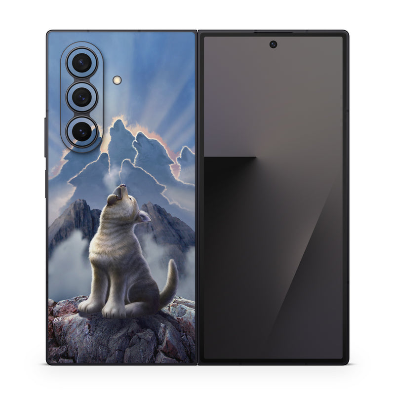 Samsung Galaxy Z Fold7 Skin design of Sky, Cloud, Atmosphere, Rock, Wolf, Photography, Cg artwork, Illustration, Mountain, Mythology, with white, blue, gray, brown colors