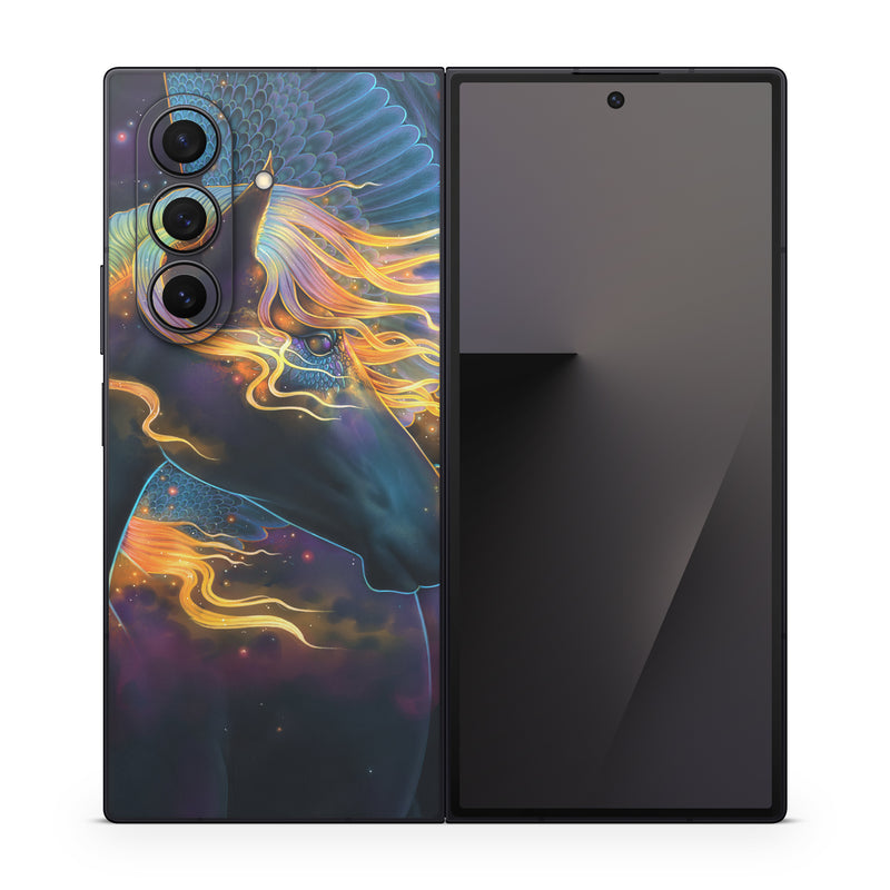 Samsung Galaxy Z Fold7 Skin design of Organism, Astronomical object, Art, Electric blue, Space, Darkness, Liquid, Science, Graphics, Visual arts, with black, blue, yellow, white, orange, purple, red colors