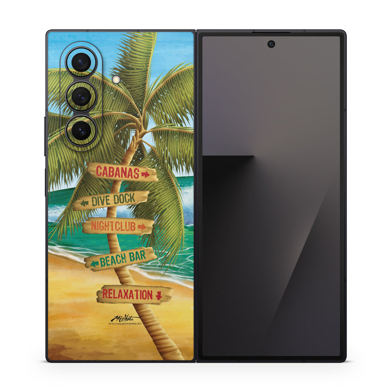 Samsung Galaxy Z Fold7 Skin design of Palm tree, Arecales, Tropics, Tree, Caribbean, Wave, Water, Coconut, Ocean, Elaeis, with green, purple, gray, black, blue colors