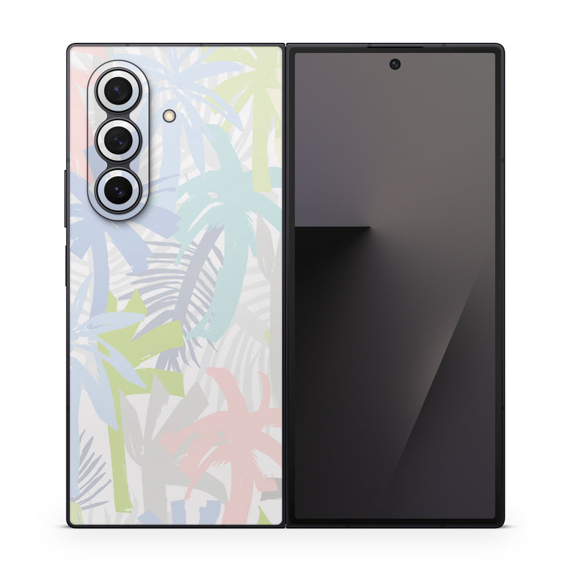 Samsung Galaxy Z Fold7 Skin design of Palm trees, with bllue, green, pink, yellow, white, gray colors