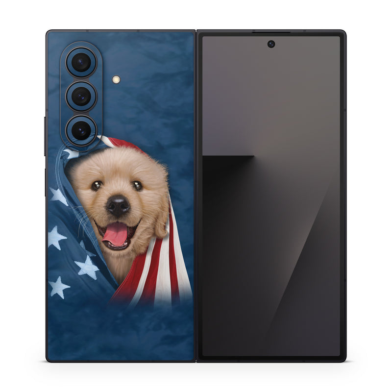 Samsung Galaxy Z Fold7 Skin design of Dog, Canidae, Mammal, Dog breed, Carnivore, Puppy, Snout, Companion dog, Sporting Group, Pomeranian, with yellow, black, brown, white, blue, red colors