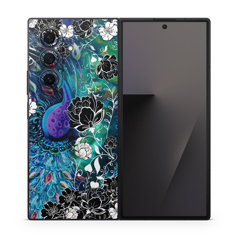 Samsung Galaxy Z Fold7 Skin design of Pattern, Psychedelic art, Organism, Turquoise, Purple, Graphic design, Art, Design, Illustration, Fractal art, with black, blue, gray, green, white colors