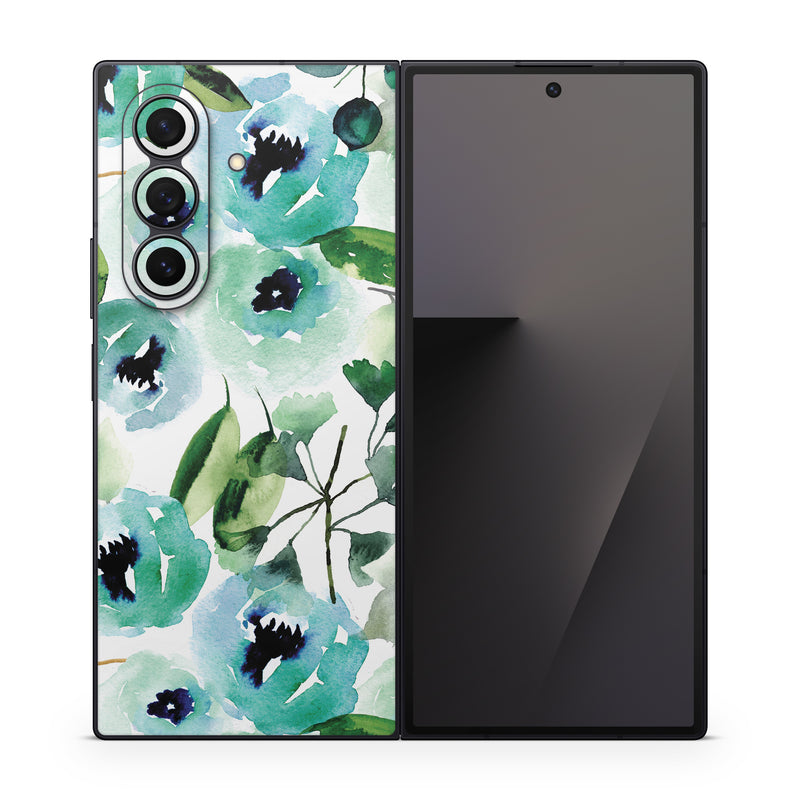 Samsung Galaxy Z Fold7 Skin design of Green, Pattern, Leaf, Aqua, Plant, Design, Branch, Organism, Flower, Ivy, with white, green, blue, black colors
