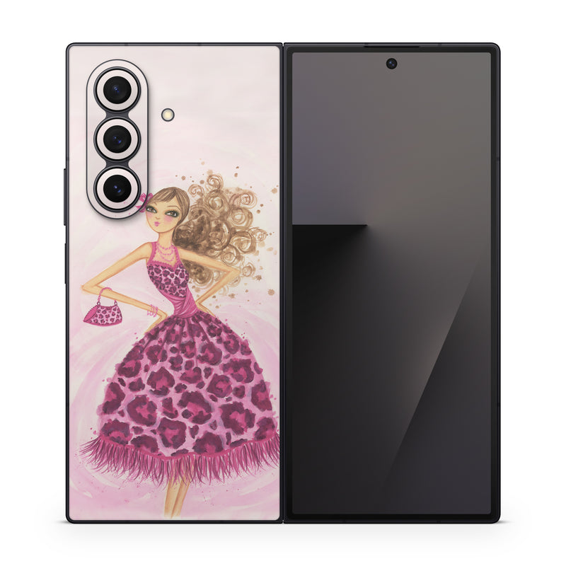Samsung Galaxy Z Fold7 Skin design of Pink, Doll, Dress, Fashion illustration, Barbie, Fashion design, Illustration, Gown, Costume design, Toy, with pink, gray, red, purple, green colors