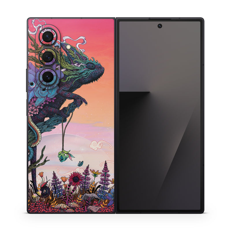 Samsung Galaxy Z Fold7 Skin design of Illustration, Fictional character, Fiction, Art, Organism, Plant, Tree, Graphic design, Cg artwork, with red, orange, green, purple, white, blue, brown colors