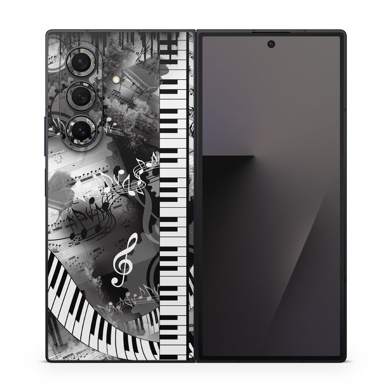 Samsung Galaxy Z Fold7 Skin design of Music, Monochrome, Black-and-white, Illustration, Graphic design, Musical instrument, Technology, Musical keyboard, Piano, Electronic instrument, with black, gray, white colors