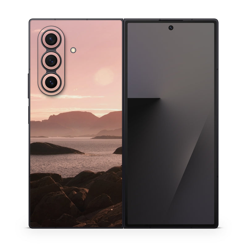 Samsung Galaxy Z Fold7 Skin design of Sky, Nature, Sea, Atmospheric phenomenon, Horizon, Natural landscape, Coast, Cloud, Morning, Calm, with gray, black, red, pink, green colors