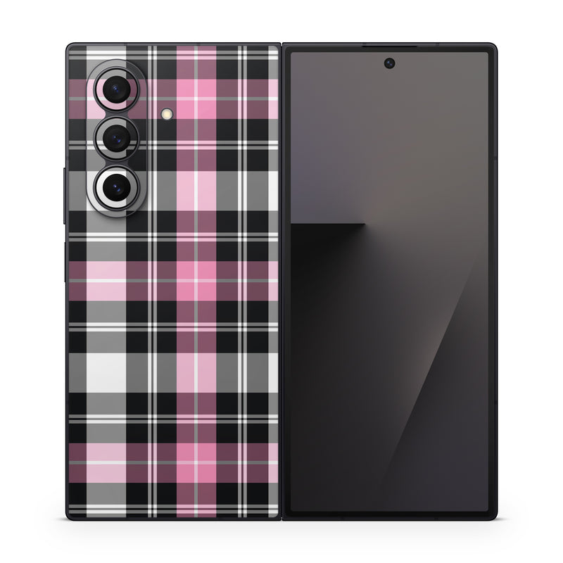Samsung Galaxy Z Fold7 Skin design of Plaid, Tartan, Pattern, Pink, Purple, Violet, Line, Textile, Magenta, Design, with black, gray, pink, red, white, purple colors