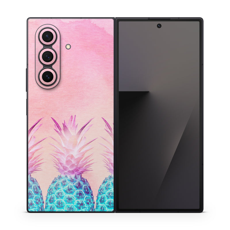 Samsung Galaxy Z Fold7 Skin design of Pineapple, Ananas, Pink, Fruit, Plant, Bromeliaceae, Pattern, Poales, with pink, blue, orange colors
