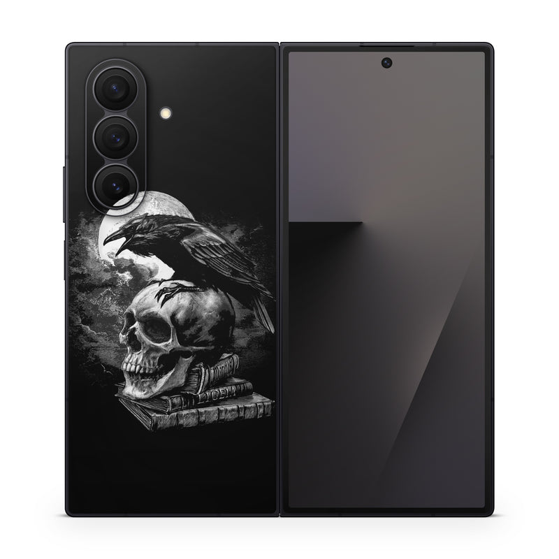 Samsung Galaxy Z Fold7 Skin design of Bone, Skull, Bird, Darkness, Monochrome, Wing, Black-and-white, Illustration, Beak, Fictional Character, Drawing, Symbol, with black, white, gray colors