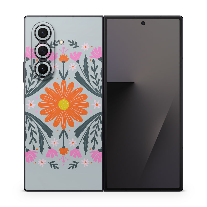 Samsung Galaxy Z Fold7 Skin design of Petal, Gesture, Font, Flower, Pattern, Art, Creative arts, Floral design, Illustration, Flowering plant, with pink, orange, green, white colors