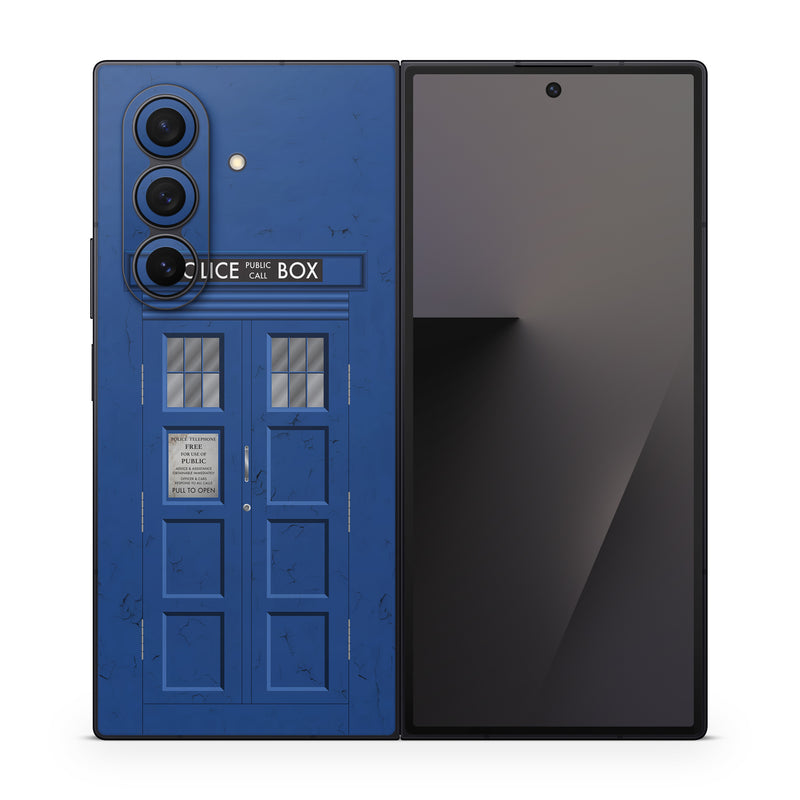 Samsung Galaxy Z Fold7 Skin design of Telephone Booth, Blue, Cobalt Blue, Door, Facade, Architecture, Electric Blue, Font, Real Estate, Window, Building, with blue, black, gray, white colors