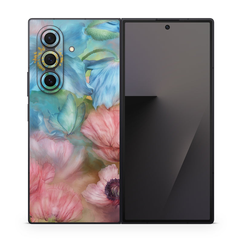 Samsung Galaxy Z Fold7 Skin design of Flower, Petal, Watercolor paint, Painting, Plant, Flowering plant, Pink, Botany, Wildflower, Still life, with gray, blue, black, red, green colors