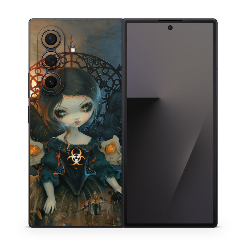 Samsung Galaxy Z Fold7 Skin design of Doll, Head, Illustration, Eye, Cg artwork, Fictional character, Toy, Iris, Art, Mythology, with brown, red, black, orange, blue, yellow colors