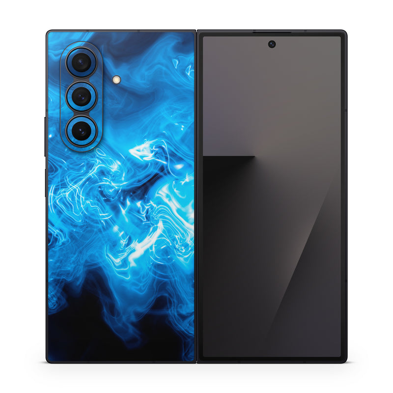 Samsung Galaxy Z Fold7 Skin design of Blue, Water, Electric blue, Organism, Pattern, Smoke, Liquid, Art, with blue, black, purple colors