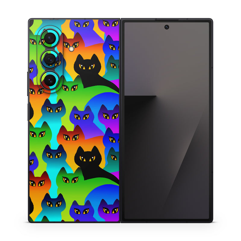 Samsung Galaxy Z Fold7 Skin design of Black cat, Purple, Cat, Small to medium-sized cats, Pattern, Design, Felidae, Illustration, Art, with black, blue, green, purple colors