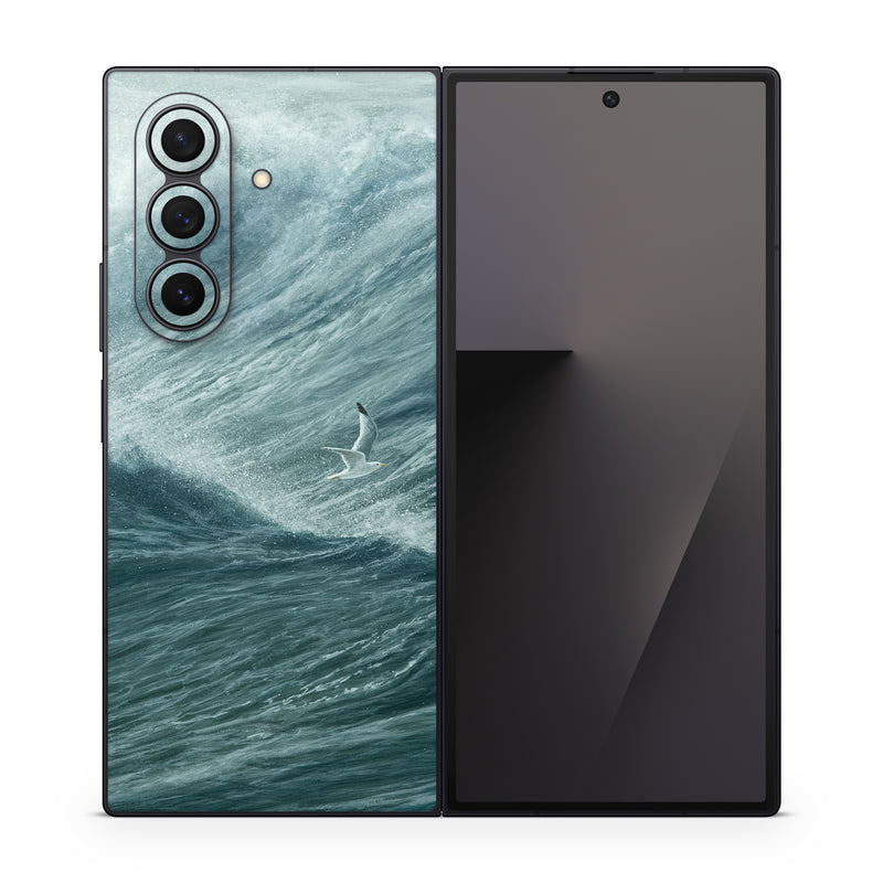 Samsung Galaxy Z Fold7 Skin design of Wave, Wind wave, Tide, Sea, Ocean, Water, Sky, Wind, Tsunami, Surfing, with blue, white colors