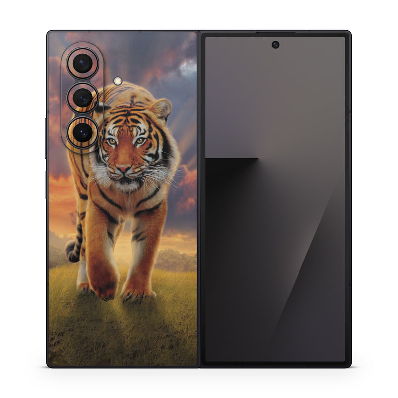Samsung Galaxy Z Fold7 Skin design of Tiger, Wildlife, Bengal tiger, Mammal, Felidae, Siberian tiger, Sky, Big cats, Terrestrial animal, Carnivore, with black, white, yellow, red, green, blue colors