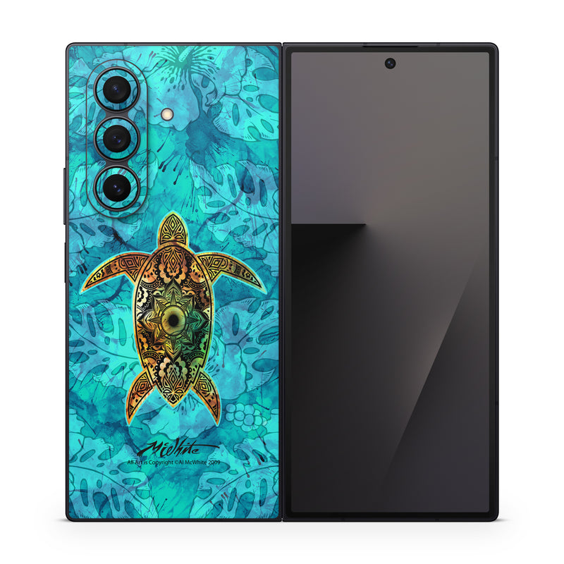Samsung Galaxy Z Fold7 Skin design of Sea turtle, Green sea turtle, Turtle, Hawksbill sea turtle, Tortoise, Reptile, Loggerhead sea turtle, Illustration, Art, Pattern, with blue, black, green, gray, red colors