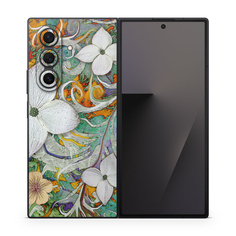 Samsung Galaxy Z Fold7 Skin design of Flower, Pattern, Plant, Wildflower, Floral design, Petal, Art, Painting, Visual arts, Wallpaper, with gray, black, green, blue, red colors