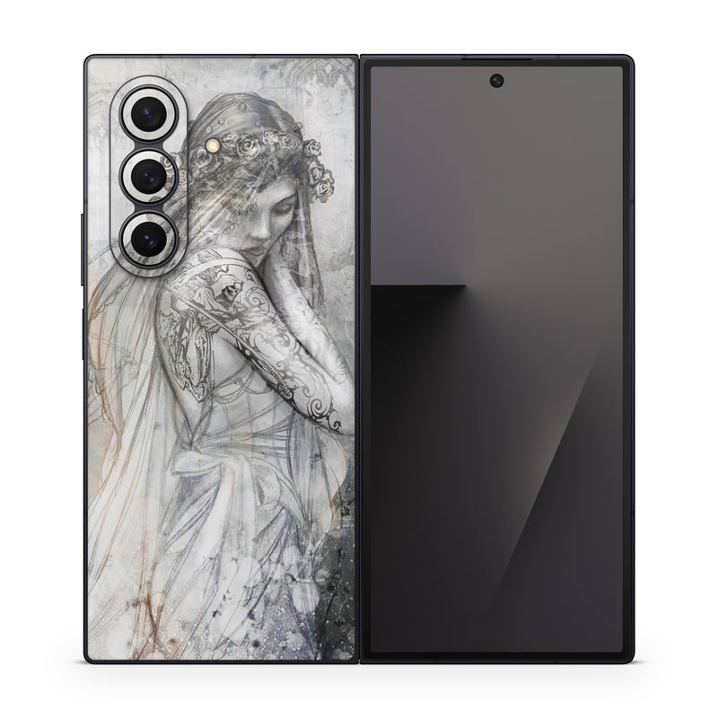 Samsung Galaxy Z Fold7 Skin design of Lady, Art, Illustration, Drawing, Painting, Sketch, Mythology, Figure drawing, Long hair, Visual arts, with white, gray, black colors