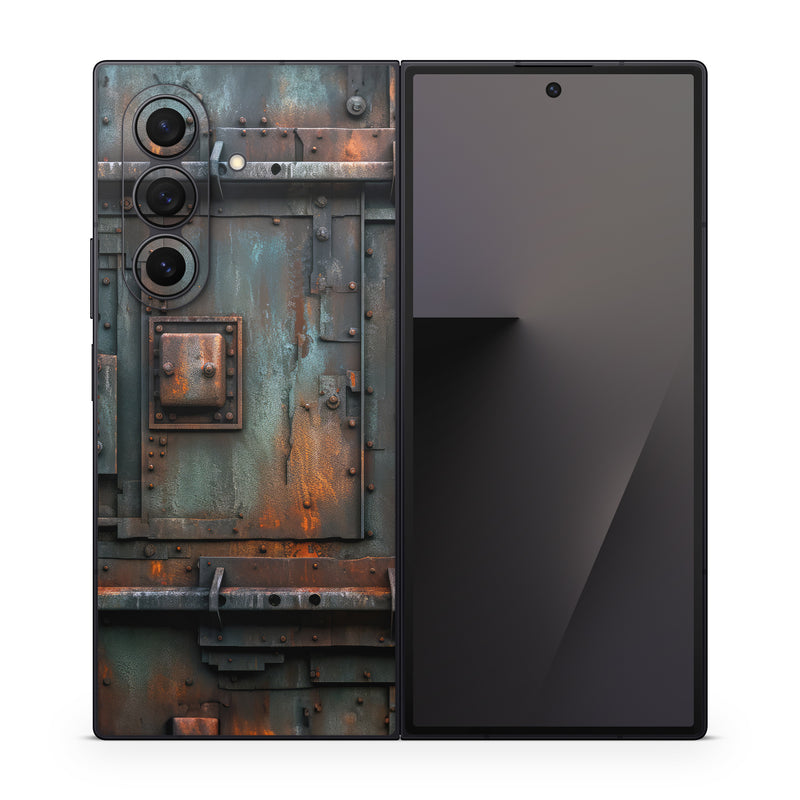 Samsung Galaxy Z Fold7 Skin design of Wood, Train, Wheel, Motor vehicle, Mode of transport, Rolling, Automotive lighting, Rolling stock, freight car, Gas, with black, brown, gray, white, orange colors