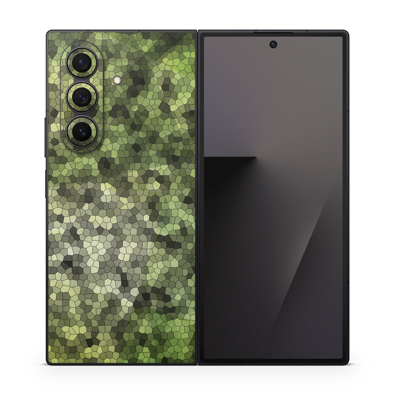 Samsung Galaxy Z Fold7 Skin design of Green, Grass, Leaf, Plant, Pattern, Groundcover, with black, white, green, gray colors
