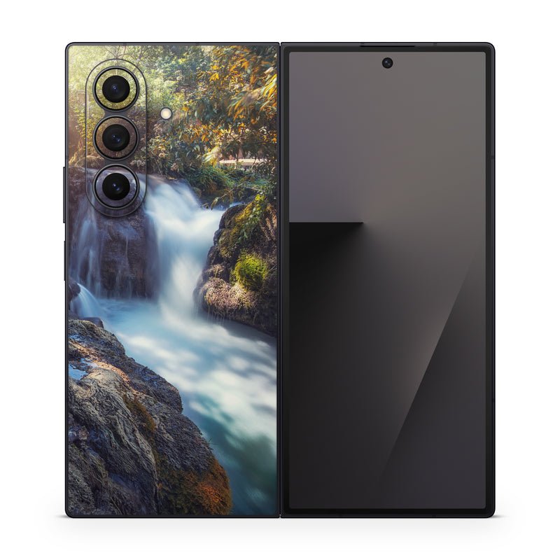 Samsung Galaxy Z Fold7 Skin design of Waterfall, Natural landscape, Body of water, Nature, Water resources, Water, Watercourse, Stream, Nature reserve, Rock, with gray, yellow, orange, green, white, blue colors
