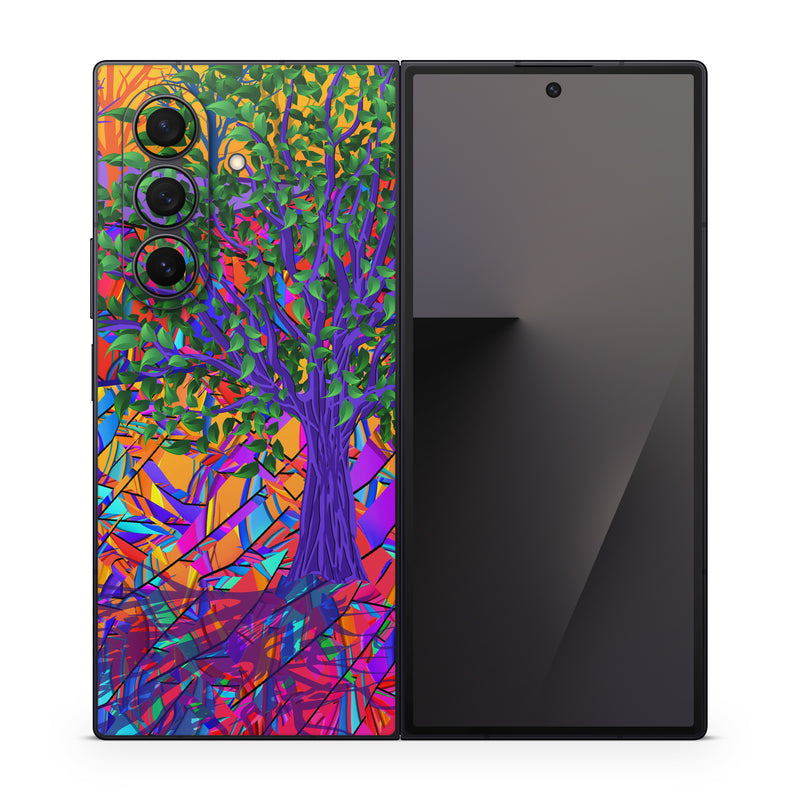 Samsung Galaxy Z Fold7 Skin design of Psychedelic art, Pattern, Visual arts, Art, Plant, Acrylic paint, Modern art, with green, purple, orange, blue, purple, yellow, red colors