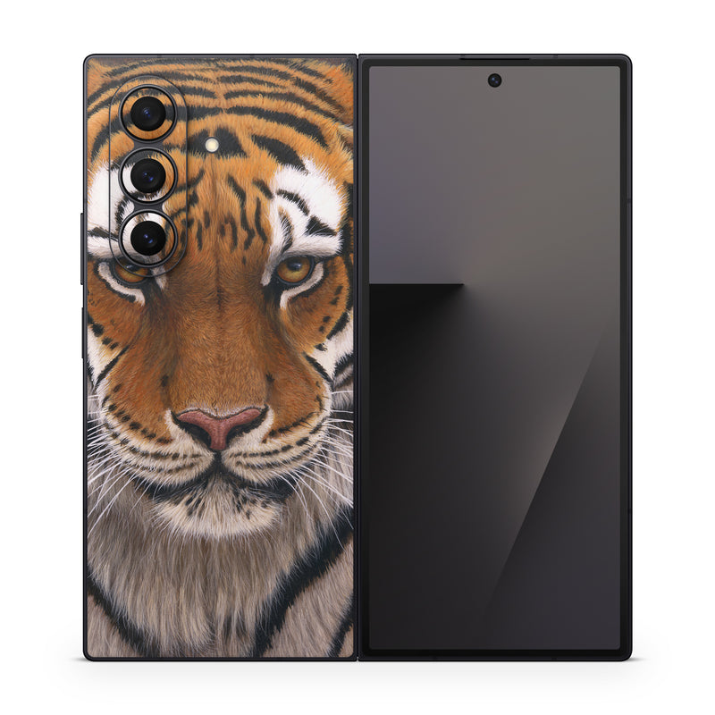 Samsung Galaxy Z Fold7 Skin design of Tiger, Mammal, Wildlife, Terrestrial animal, Vertebrate, Bengal tiger, Whiskers, Siberian tiger, Felidae, Snout, with black, gray, red, green, pink colors