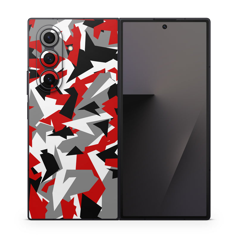 Samsung Galaxy Z Fold7 Skin design of Red, Pattern, Font, Design, Textile, Carmine, Illustration, Flag, Crowd, with red, white, black, gray colors