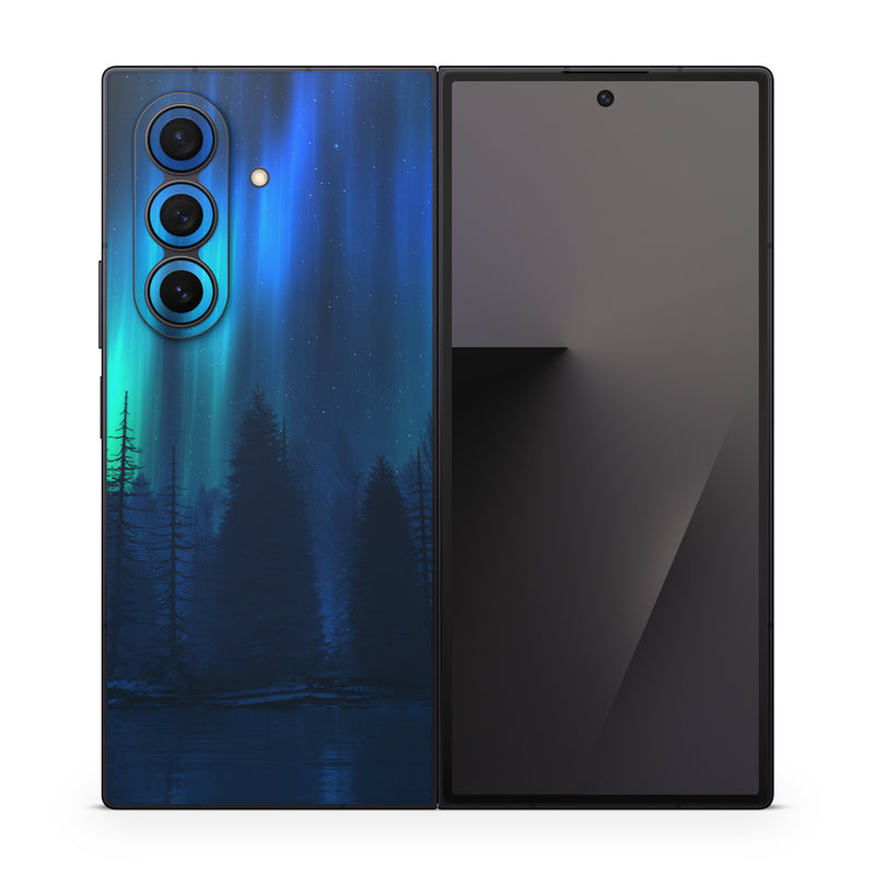 Samsung Galaxy Z Fold7 Skin design of Blue, Light, Natural environment, Tree, Sky, Forest, Darkness, Aurora, Night, Electric blue, with black, blue colors