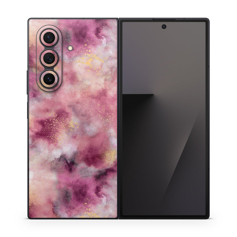 Samsung Galaxy Z Fold7 Skin design of Purple, Pink, Magenta, Pattern, Plant, Art, Flower, Peach, Event, Petal, with white, black, red, purple, yellow, pink colors