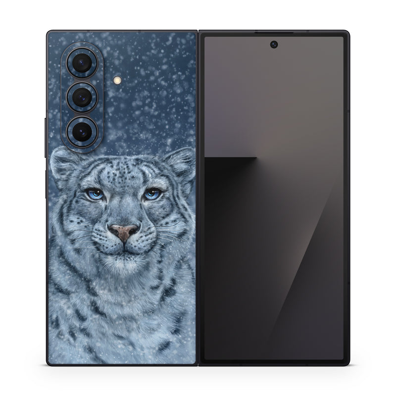 Samsung Galaxy Z Fold7 Skin design of Snow, Carnivore, Felidae, Whiskers, Terrestrial animal, Snout, Big cats, Painting, Fur, Illustration, with white, black, blue, gray colors