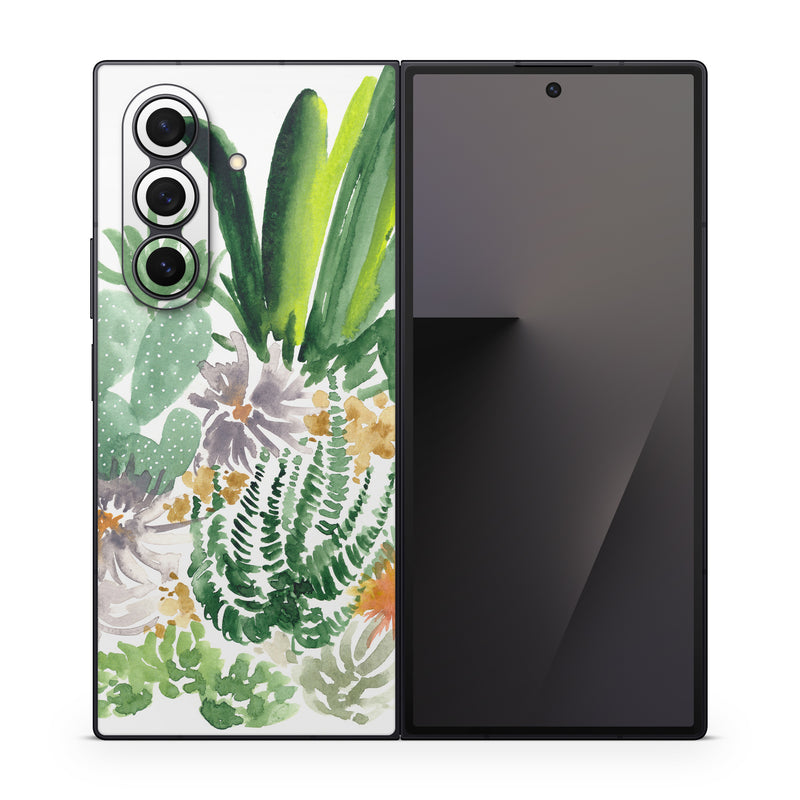 Samsung Galaxy Z Fold7 Skin design of Cactus, Plant, Flower, Botany, Leaf, Illustration, Pine, Grass, Succulent plant, Branch, with white, green, red, orange colors